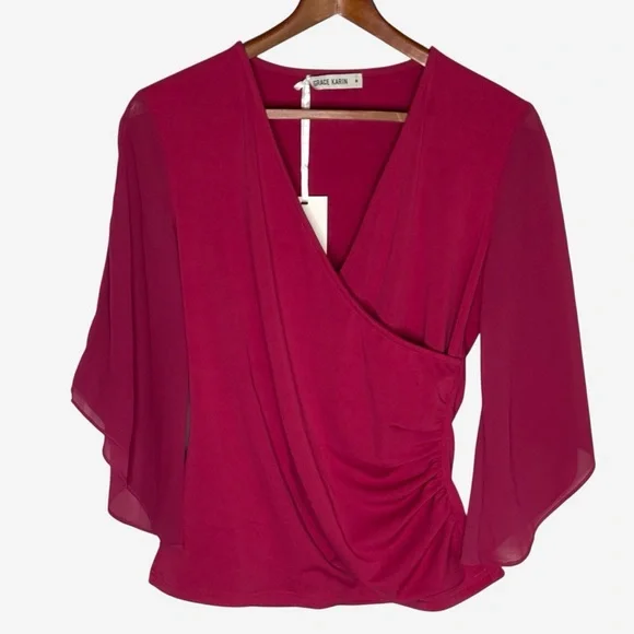 NWT GRACE KARIN Berry Pink Faux Wrap Blouse with Chiffon Split Sleeves M - Picture 3 of 12